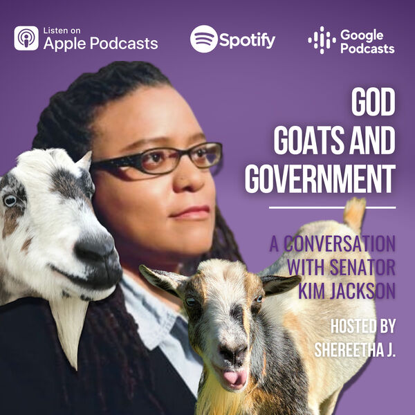 Kim looking off to the side with two goats for her podcast of God Goats and Government
