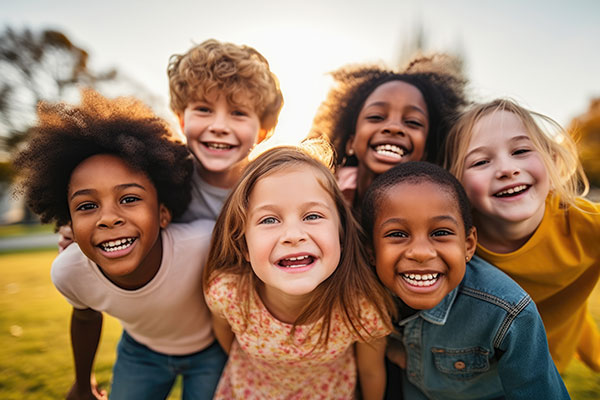 Group of children from diverse backgrounds smiling at a school yard